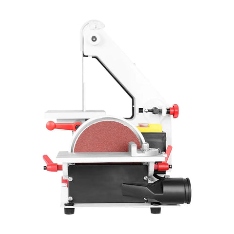 Mini Electric Belt And Disc Sander For Desktop Use Lightweight Portable Grinding Machine For Diy Woodworking Projects shown side view with red accents.