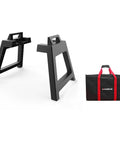 Portable Freestanding Stand With Waterproof Carry Bag For Outdoor Propane Tankless Water Heater AY132 Series Includes Two Stands And All Screws For Easy No Fuss Setup, showing two black stands and a carry bag.