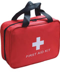Red first aid kit bag with black handles; front view shows white cross and FIRST AID KIT text.