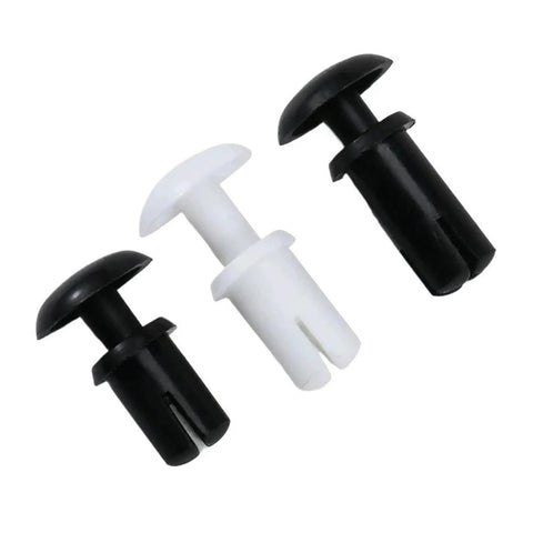 R Type Nylon Press Rivet Clip Expansion Anchor Plug Fastener for Auto Trim in black and white colors, different sizes.