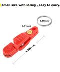 Red plastic downrigger release clip with metal ring; 1.88 in long, 0.59 in ring, 0.11 in thick.