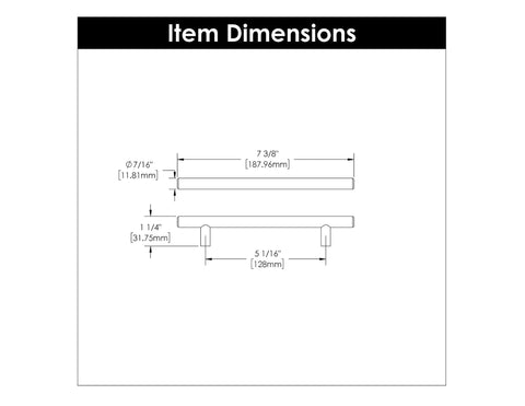 Diagram of dimensions for Bar Pulls Collection Five And One Sixteenth Inch Center To Center Stainless Steel Cabinet Pulls with measurements