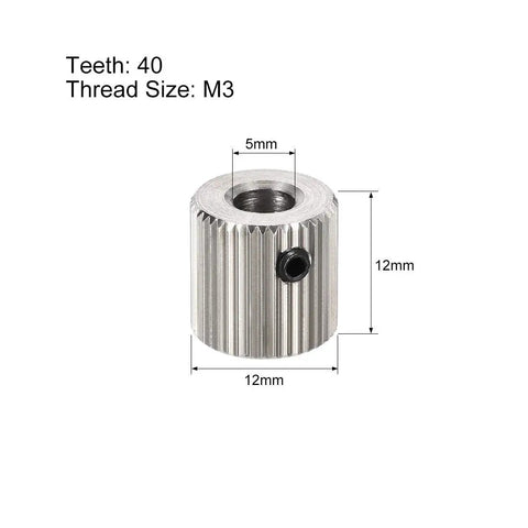 Three Piece 40T Extruder Drive Gear For 1.75mm Filament, 5mm Bore, Fits MK7 MK8 Printers with M3 thread size and 40 teeth.