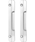 Two Pack Heavy Duty Carbon Steel Door Latch Guard Plate, brushed steel finish, designed for outswing doors to block forced entry.