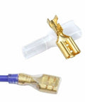 Massive 1000 Piece Quick Splice Crimp Spade Terminals Kit Includes Assortment Of 2.8mm 4.8mm 6.3mm Male And Female Wire Connectors With Insulating Sleeves For Car Audio And Electrical Wiring, close-up of brass terminal and sleeve.