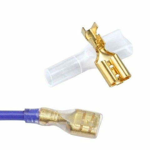 Massive 1000 Piece Quick Splice Crimp Spade Terminals Kit Includes Assortment Of 2.8mm 4.8mm 6.3mm Male And Female Wire Connectors With Insulating Sleeves For Car Audio And Electrical Wiring, close-up of brass terminal and sleeve.