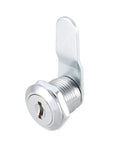 Close-up of a cam lock from Cam Lock Set Of 4 With Five Eighth Inch Cylinder Length Fits Up To Five Sixteenth Inch Panel Thickness No 4 Cam Keyed Different Zinc Alloy Chrome Plated File Cabinet Locks, showing its chrome finish.