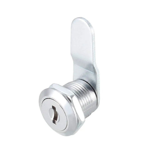 Close-up of a cam lock from Cam Lock Set Of 4 With Five Eighth Inch Cylinder Length Fits Up To Five Sixteenth Inch Panel Thickness No 4 Cam Keyed Different Zinc Alloy Chrome Plated File Cabinet Locks, showing its chrome finish.