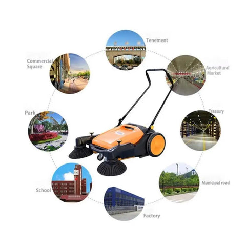 UILMLIO Heavy Duty Manual Push Floor Sweeper With Large Trash Bin Durable Design For Factory Warehouse Workshop Cleaning Unpowered Vehicle