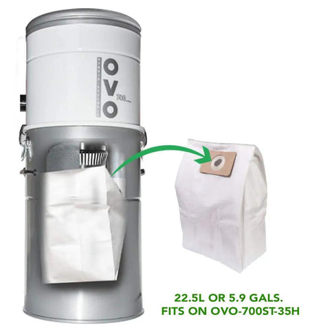 Triple Layer Central Vacuum Disposable Filter Bags Kit 22.5L 5.81 Gal For OVO-700ST-35H with dust container and bag detail