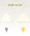 Comparison of Empire Gather Pleat Lamp Shade Eggshell 7 X 20 X 12.5 Inches Silk Shantung unlit vs lit view.