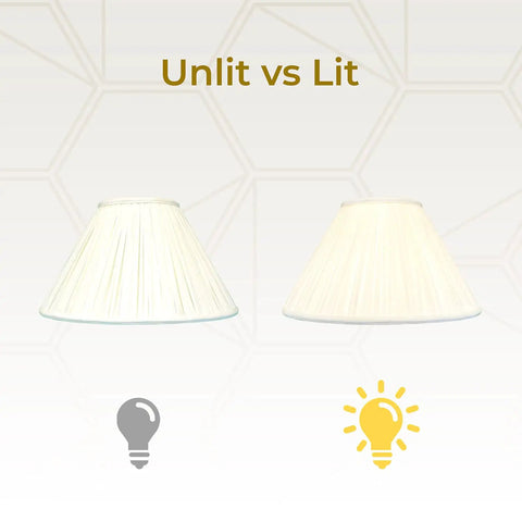Comparison of Empire Gather Pleat Lamp Shade Eggshell 7 X 20 X 12.5 Inches Silk Shantung unlit vs lit view.