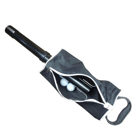 Top view of Portable Golf Ball Retriever with Pocket Shag Bag and detachable shaft, showing storage for up to 60 balls.