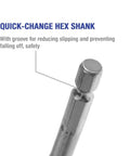 Close-up of a metal quick-change hex-shank drill bit
