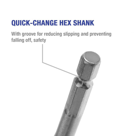 Close-up of a metal quick-change hex-shank drill bit