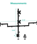 Measurements of the Stacked Quad Monitor Mount for 13 to 27 inch LED LCD screens, showing black steel arms, dimensions are 51.18" x 31.65" x 4".