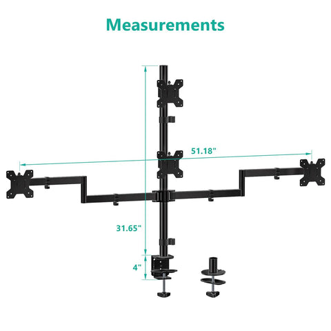 Measurements of the Stacked Quad Monitor Mount for 13 to 27 inch LED LCD screens, showing black steel arms, dimensions are 51.18" x 31.65" x 4".