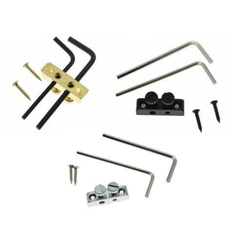 Headstock Mounted Allen Key Wrench Holder For Electric And Acoustic Guitars with screws and wrenches, black and gold components.