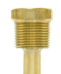 Brass thermowell threaded end with 1/2 in NPT x 3/4 in NPT threads, close-up