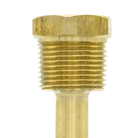 Brass thermowell threaded end with 1/2 in NPT x 3/4 in NPT threads, close-up