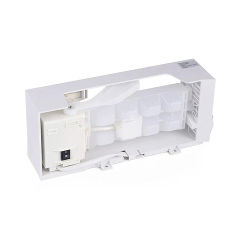 Ice Maker Assembly W10873791 for Refrigerators, white plastic replacement module with switch, front view
