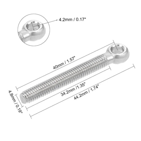 Top Tier 304 Stainless Steel M5 X 40mm Shoulder Eye Bolts Rigging Hardware Fasteners 4 Pack showing dimensions and details.