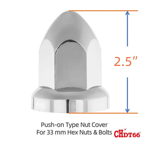 Chrome Lug Nut Covers 33mm With Flange For Semi Trucks, Push-On Fit, Classic Height 2.5 Inches, 60 Pack