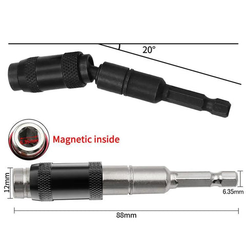 Front view of a 1/4-inch magnetic pivoting bit tip holder with 88mm length and 20° bend