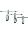Three Piece T Handle Tap Wrench Set With Jaw Openings 1/16 To 5/32, 5/32 To 1/4, And 1/4 To 1/2 Inch displayed on a white background