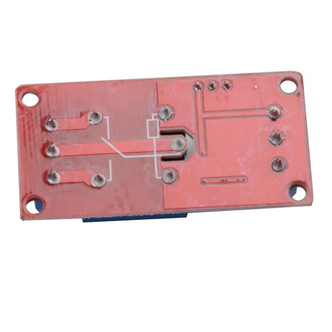 Bottom view of Four Pack 5V 1 Channel Relay Module Shield With Optocoupler, showing circuit pathways and mounting holes.