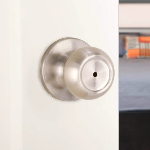 Coastal Style Door Knob With Lock For Bedroom Or Bathroom No Fuss Install Fits 1 3 8 To 1 3 4 Inch Doors Satin Nickel Finish Brass Core
