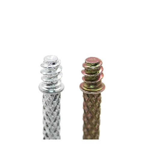 Close-up of Heavy Duty Three In One Screw Connector Bolt For Furniture Assembly Rock Solid Cabinet Hardware M6X40MM carbon steel.
