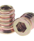 Twenty Pack M4x10mm Threaded Inserts For Wood, Tough As Nails Carbon Steel Screw In Furniture Nuts With Hex Wrench For Cabinet DIY Fixes And Gritty Rust Proof Assembly, close-up view of metal inserts.