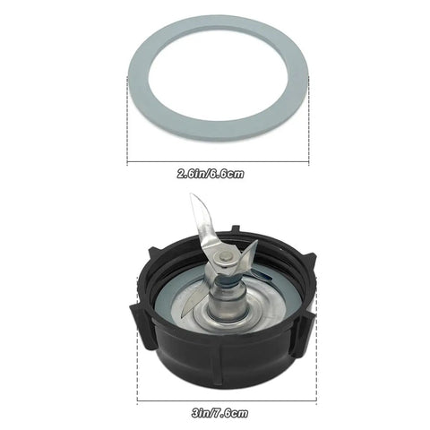 Blender Replacement Parts Kit with 4 Point Blade, jar base, O-ring showing stainless steel blade and rubber gasket for 2 3/4 inch blenders