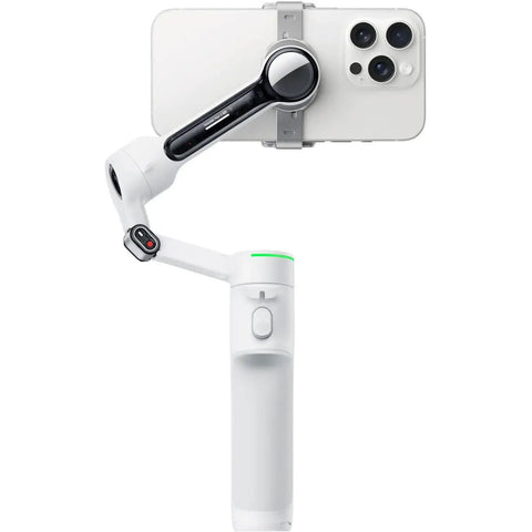 Flow 2 Pro Smartphone Gimbal With 3 Axis Stabilization And AI Tracking, white finish, with phone mounted, for vloggers and creators