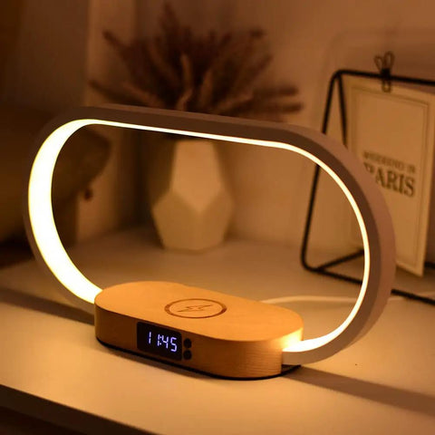 Wooden Bedside Lamp With Wireless Charger And Clock Touch Nightstand Lamp With 3 Color Stepless Dimming USB Port And 15W Fast Charge Cozy Light