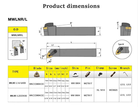 Diagram showing dimensions and components of Five Eighth Inch Right Cutting CNC Lathe Carbide Excircle Indexable Turning Tool Holder Set With Ten WNMG Inserts WNMG432 And WNMG080408 For Hard Steel Heavy Duty Performance