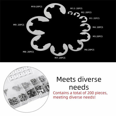 304 Stainless Steel E Clip Snap Ring Set 200 Pcs Kit With 20 Sizes From 1.5mm To 10mm shown in packaging box