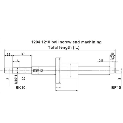 1204 1210 ball screw end machining diagram with measurements for Badass Metal Ball Screw Nut Paired With SBR12 12Mm Linear Guide Rail And SFU1204 Ballscrew Set For CNC Rigs Delivering Flawless Glide And Serious Load Strength.