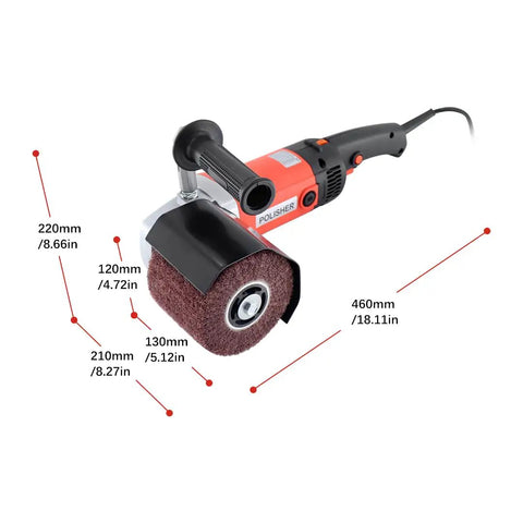 Powerful 1400W Surface Conditioning Tool With 8 Variable Speed Wheel Sander And Polisher, dimensions labeled, close-up view
