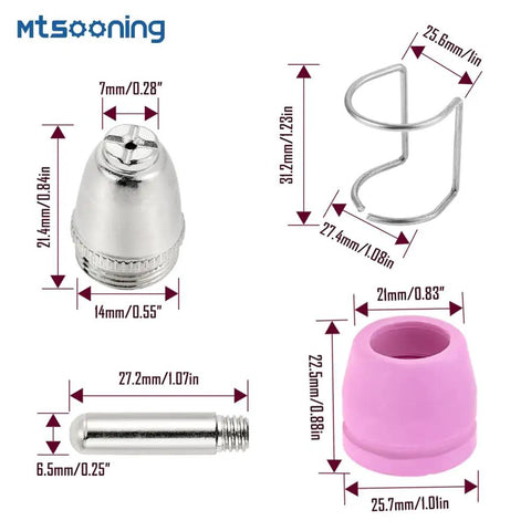 100Pcs Plasma Cutter Torch Tip Nozzles Consumables Kit For STC750P WSD60 SG55 AG60 Cutting Tips showing replacement parts dimensions