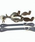 Western Cowboy Spurs With Straps Set For Men Hand Engraved German Silver Trims With Low Carbon Steel Spurs on white background