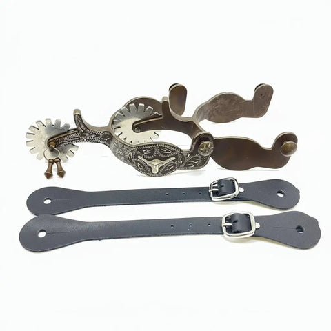 Western Cowboy Spurs With Straps Set For Men Hand Engraved German Silver Trims With Low Carbon Steel Spurs on white background