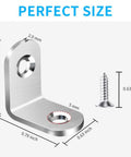Close-up of a stainless steel L bracket with measurements, part of a 40 Pieces L Bracket Corner Brace Set With 120 Screws 90 Degree Metal Brackets.