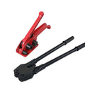 Heavy Duty Electric Strapping Machine And Hydraulic Crimping Tool Set, red tensioner and black crimper for packaging jobs.