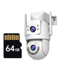 Dual Lens 4K 8MP HD PTZ Weatherproof Outdoor Security Camera WiFi with 64GB SD card for enhanced storage.