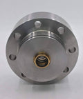 Cylinder head flange for water jet cutting machines; stainless steel with brass center seal, front view