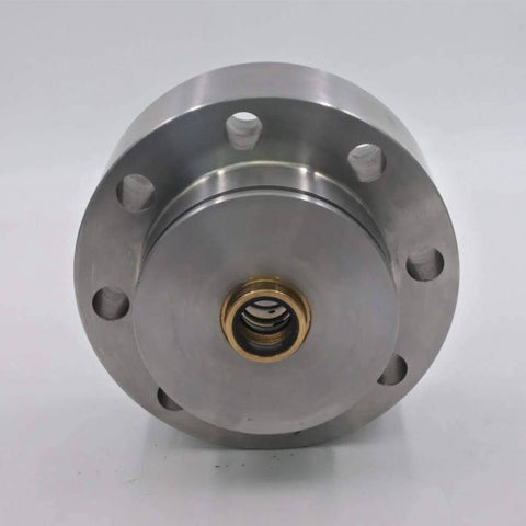 Cylinder head flange for water jet cutting machines; stainless steel with brass center seal, front view