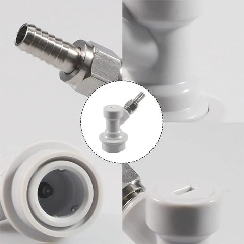 Ball Lock Keg Disconnect Kit With Gray Gas Disconnect And Quarter Inch MFL Fittings Plus Two Pack Of Five Sixteenth Inch Swivel Nuts For Cornelius Kegs And Pepsi And Seven Up Style Tanks. Gray ball lock gas disconnect, 1/4 MFL, 5/16 swivel nut, close-up on keg fitting.