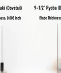 Dozuki Dovetail Pull Saw 8 Inch Ultra Thin 0.008 Inch Blade next to Ryoba 9-1/2 Inch Double Edge Saw, comparisons of blade thickness.